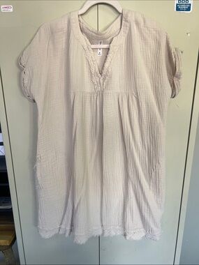 Soft Gauze Frayed V-Neck dress - Light Beige
